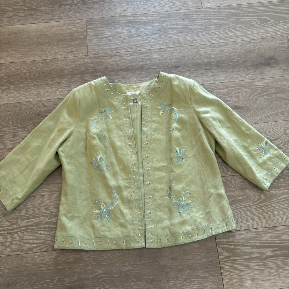 Dressbarn Womens Green Lined Open Front Embroidered Linen Blazer Jacket Size 16W